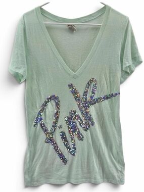 PINK Victoria's Secret Mint V-Neck Tee with Multicolor Sequin Logo Size Large